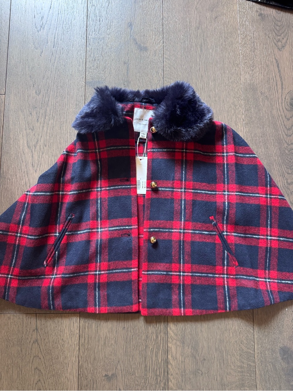 Janie and Jack Red and Navy Plaid Cape with Faux Fur Collar